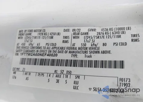 2022 Ford F-250 Xl from USA, damaged, VIN 1FT7W2A60NEF40020